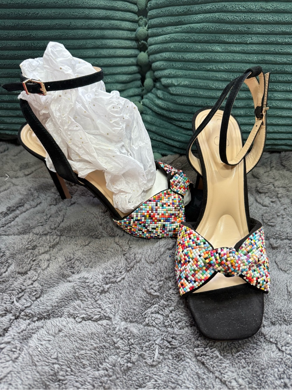 Jessica Simpson”Ohela” Colorful Beaded Dress Sandals - Black w/ankle strap (9.5)
